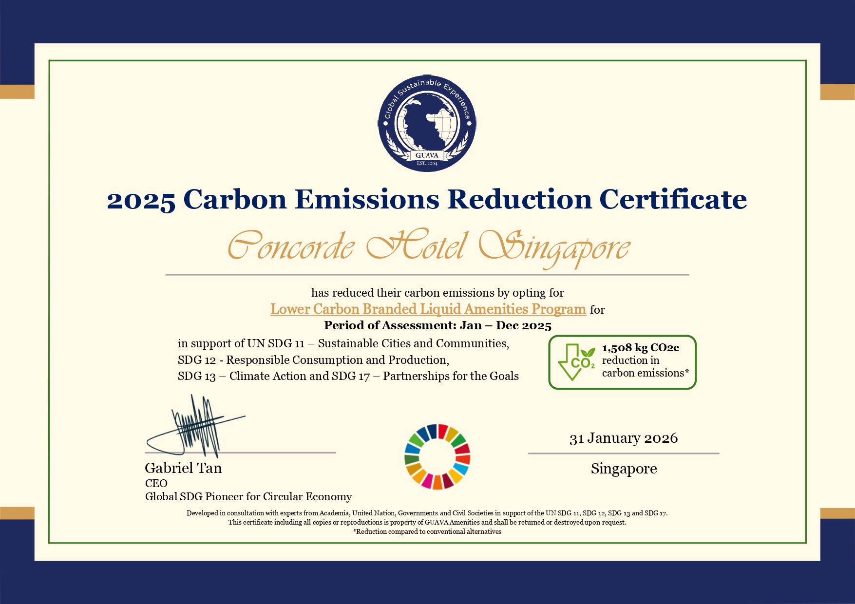 Carbon Emissions Reduction Liquid Amenities Certificate